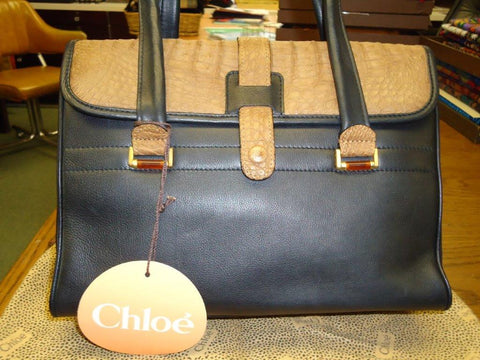 Chloe - Black Leather with Caramel Crocodile Accents Satchel - #516