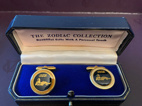 Zodiac 18-Karat Gold Plated Navy Enamel Cufflinks - Aquarius