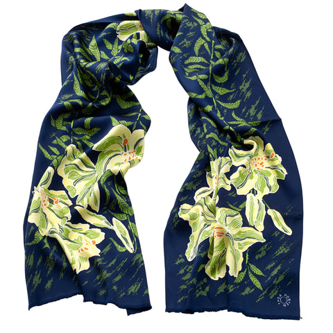 Thea Porter - Silk Satin Floral Scarf Navy