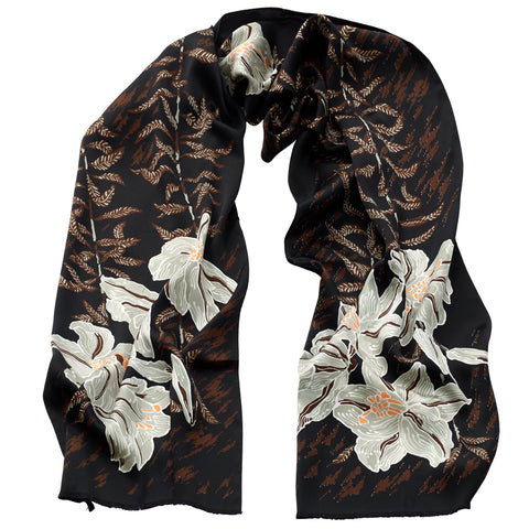 Thea Porter - Silk Satin Floral Scarf Brown