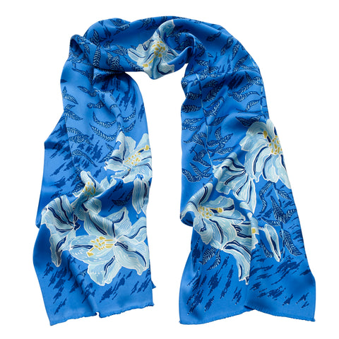 Thea Porter - Silk Satin Floral Scarf Blue
