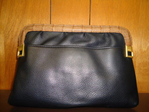Chloe - Black Leather with Caramel Crocodile Accents Convertible Clutch - Style #494