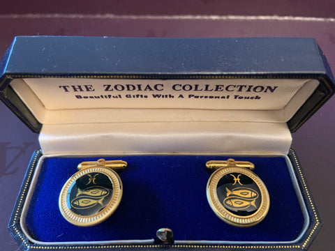 Zodiac 18-Karat Gold Plated Navy Enamel Cufflinks - Pisces