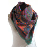 Rodier - 100% Wool Shawl Checker Paisley Green/Teal 2554-2